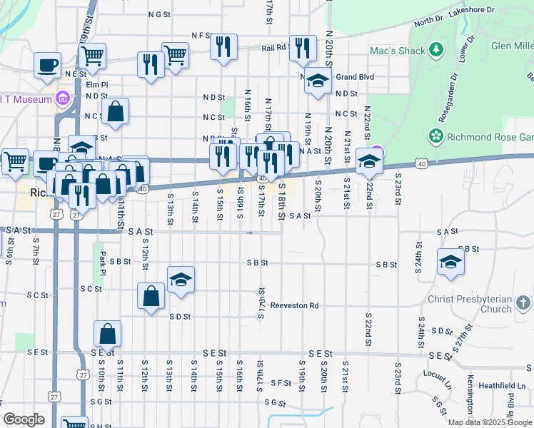 map of restaurants, bars, coffee shops, grocery stores, and more near 51 South 17th Street in Richmond