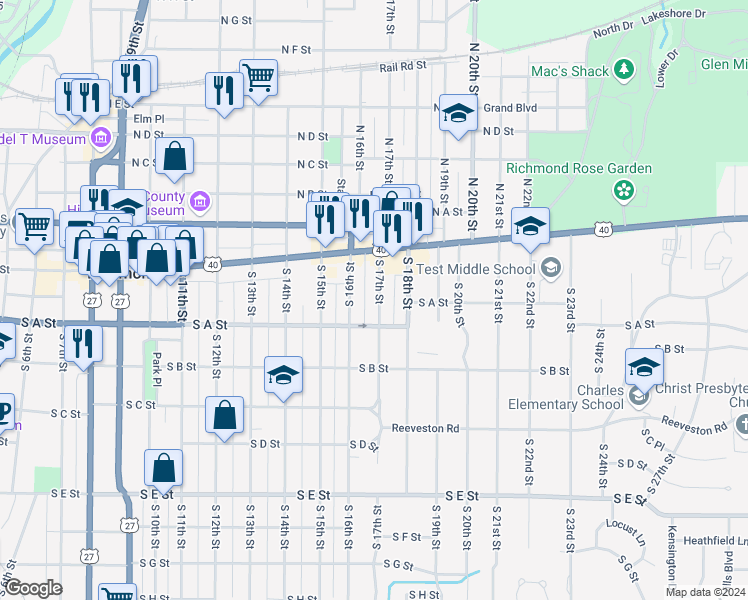 map of restaurants, bars, coffee shops, grocery stores, and more near 52 South 17th Street in Richmond
