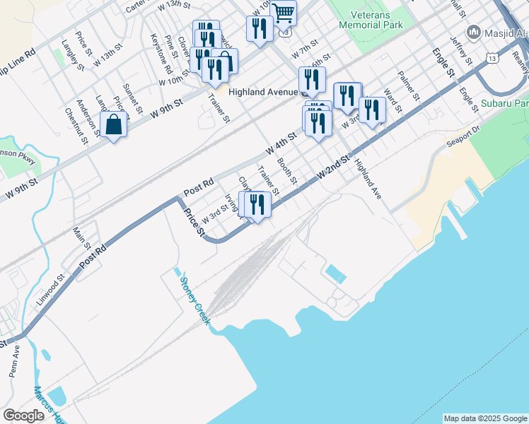 map of restaurants, bars, coffee shops, grocery stores, and more near 201 Clayton Street in Chester