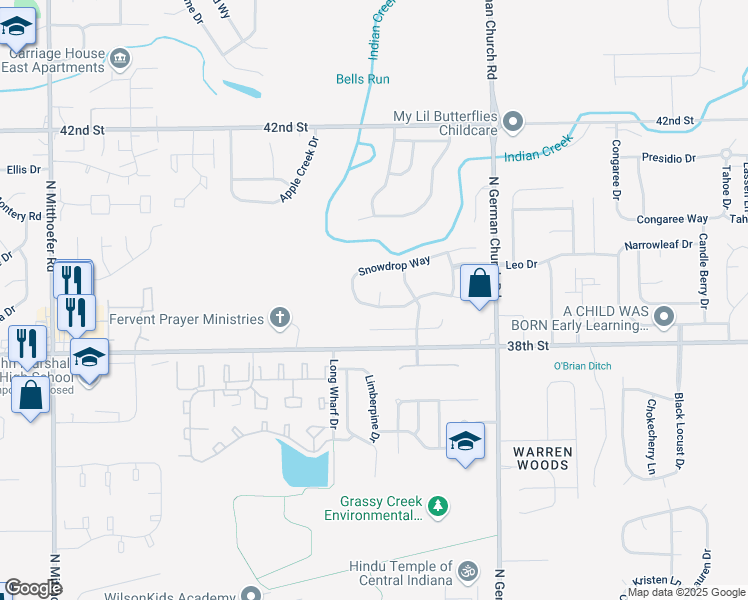map of restaurants, bars, coffee shops, grocery stores, and more near 10736 Mistflower Way in Indianapolis