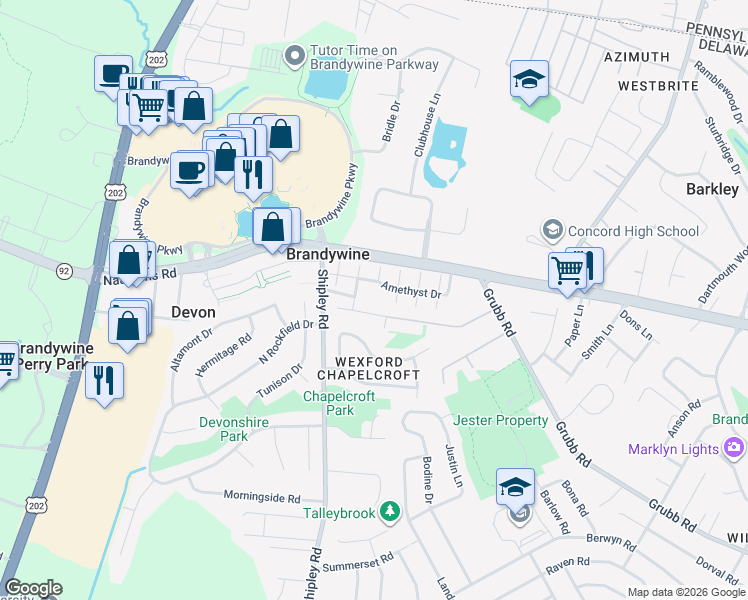 map of restaurants, bars, coffee shops, grocery stores, and more near 105 Jade Drive in Wilmington