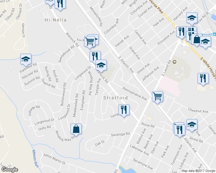 map of restaurants, bars, coffee shops, grocery stores, and more near 44 Warwick Road in Stratford