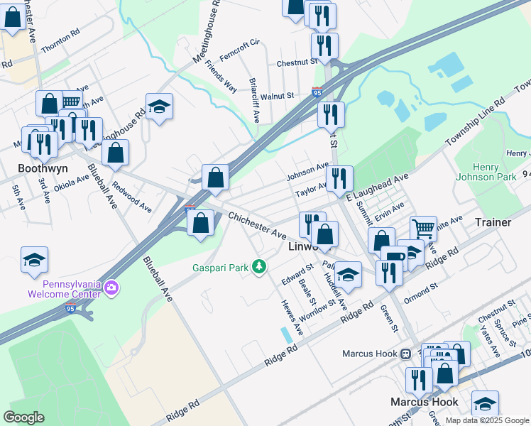 map of restaurants, bars, coffee shops, grocery stores, and more near 615 Taylor Avenue in Linwood