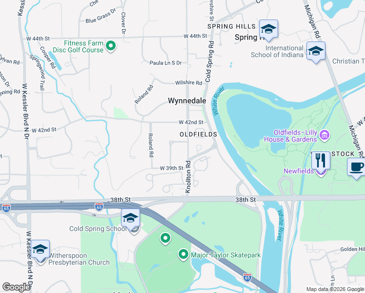 map of restaurants, bars, coffee shops, grocery stores, and more near 4040 Knollton Road in Indianapolis