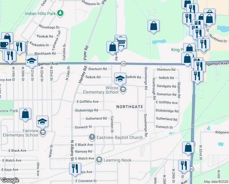 map of restaurants, bars, coffee shops, grocery stores, and more near 2056 Faringdon Road in Springfield
