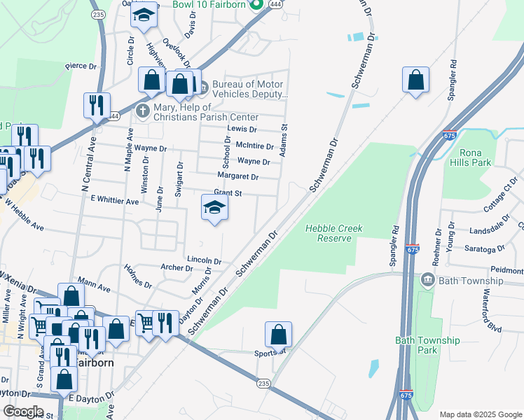 map of restaurants, bars, coffee shops, grocery stores, and more near 640 Jefferson Street in Fairborn