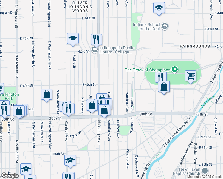 map of restaurants, bars, coffee shops, grocery stores, and more near 3957 Carrollton Avenue in Indianapolis