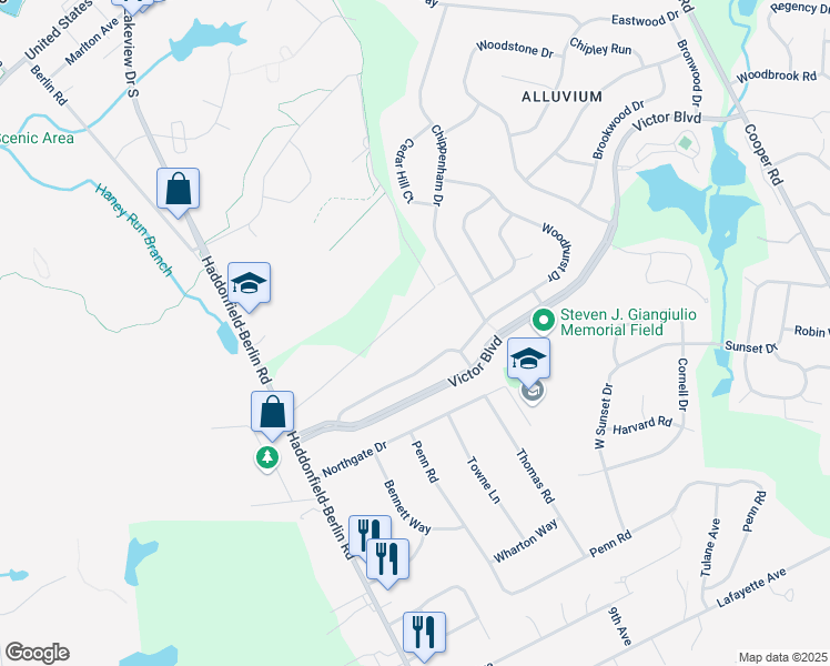map of restaurants, bars, coffee shops, grocery stores, and more near 19 Lippincott Avenue in Voorhees Township