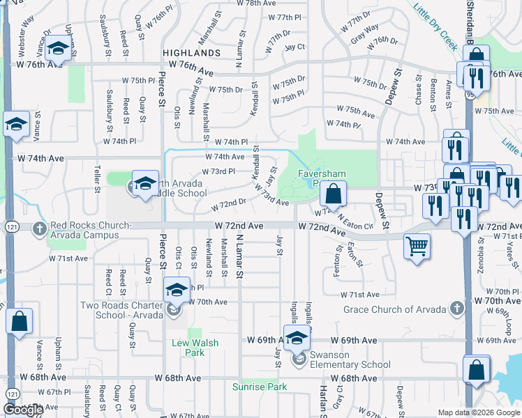 map of restaurants, bars, coffee shops, grocery stores, and more near 7270 Lamar Court in Arvada