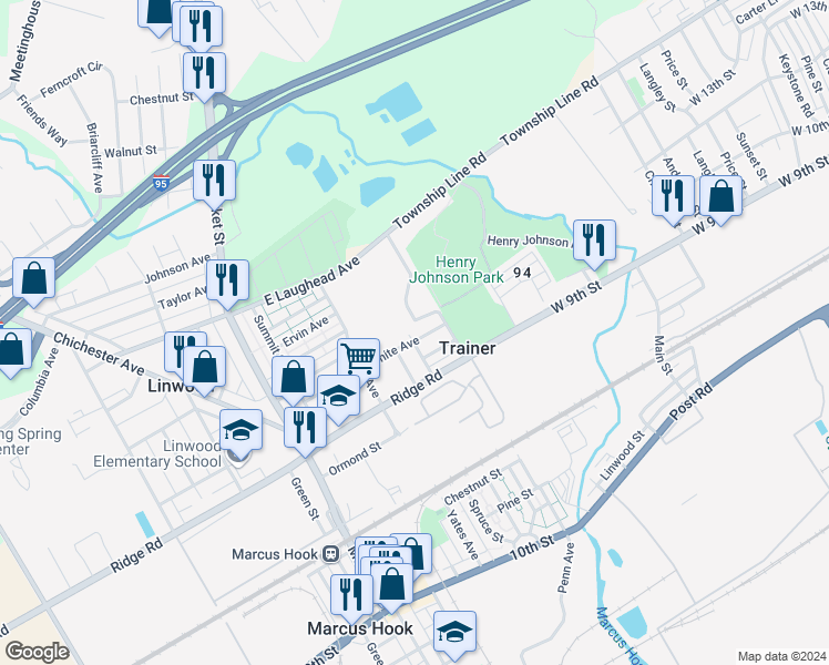 map of restaurants, bars, coffee shops, grocery stores, and more near 302 White Avenue in Linwood