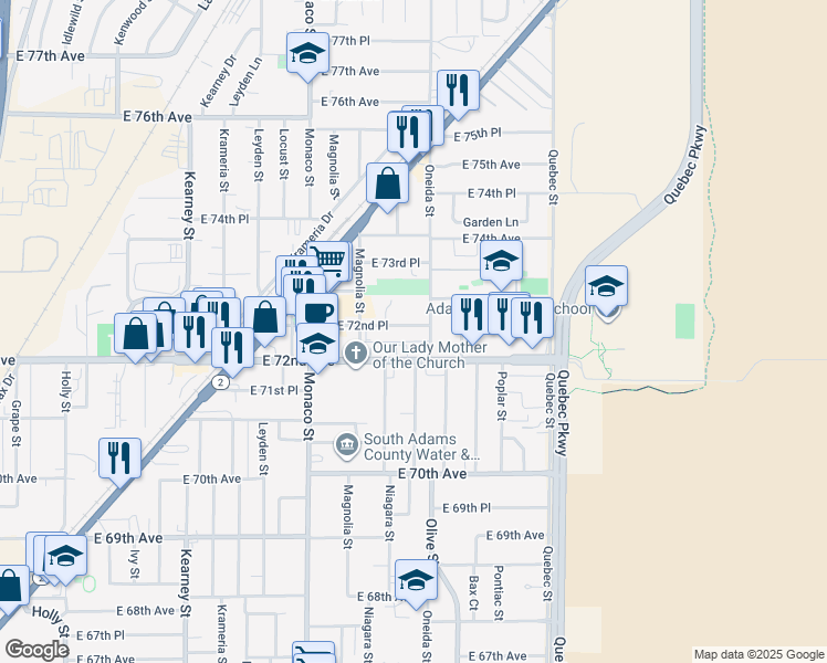 map of restaurants, bars, coffee shops, grocery stores, and more near 6858 East 72nd Place in Commerce City