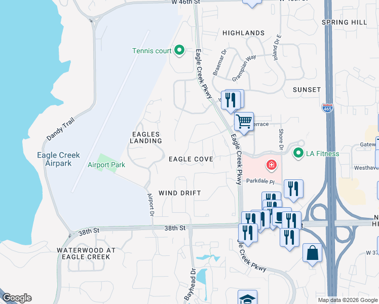 map of restaurants, bars, coffee shops, grocery stores, and more near 4055 Eagle Cove West Drive in Indianapolis