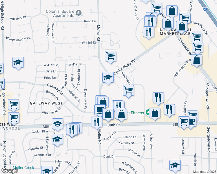 map of restaurants, bars, coffee shops, grocery stores, and more near 5435 West Pike Plaza Road in Indianapolis