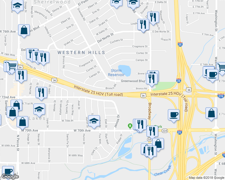 map of restaurants, bars, coffee shops, grocery stores, and more near 480 Bronco Road in Denver