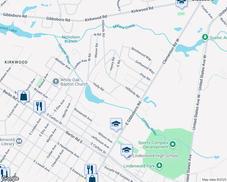map of restaurants, bars, coffee shops, grocery stores, and more near 50 Holly Road in Gibbsboro