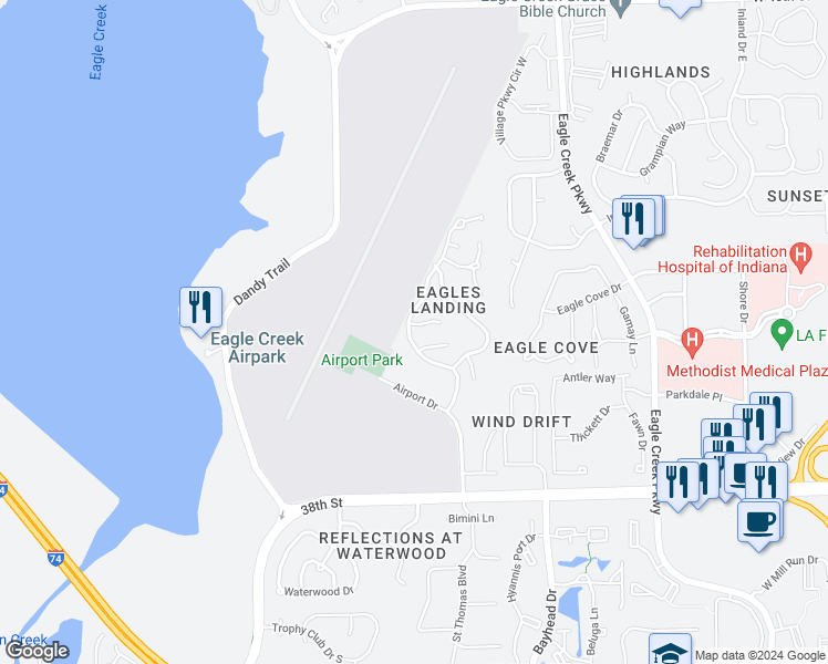 map of restaurants, bars, coffee shops, grocery stores, and more near 7445 Buttonbush Court in Indianapolis