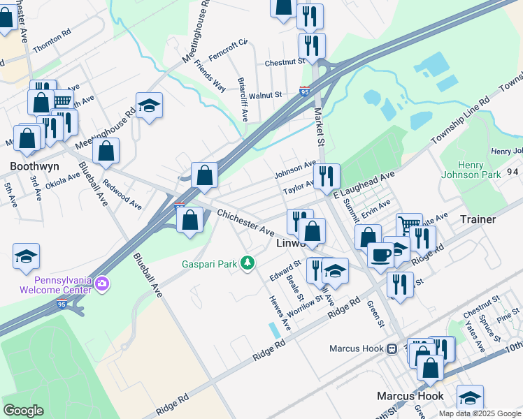 map of restaurants, bars, coffee shops, grocery stores, and more near 603 Taylor Avenue in Linwood