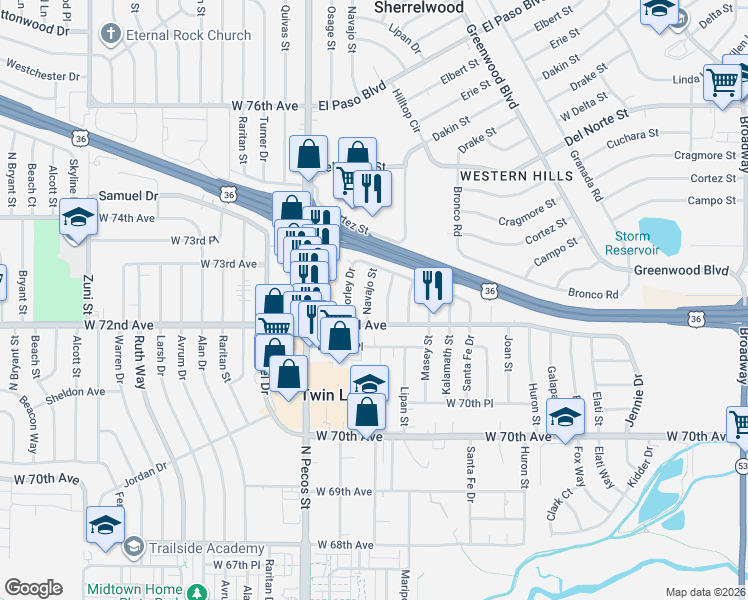 map of restaurants, bars, coffee shops, grocery stores, and more near 7225 Mariposa Street in Denver