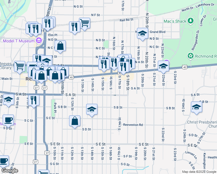 map of restaurants, bars, coffee shops, grocery stores, and more near 51 South 16th Street in Richmond
