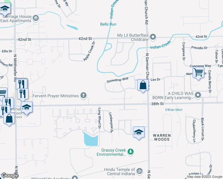 map of restaurants, bars, coffee shops, grocery stores, and more near 10736 Mistflower Way in Indianapolis