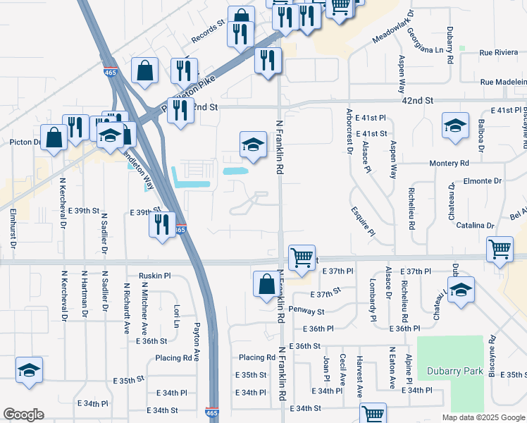 map of restaurants, bars, coffee shops, grocery stores, and more near 7845 Brookfield Court in Indianapolis