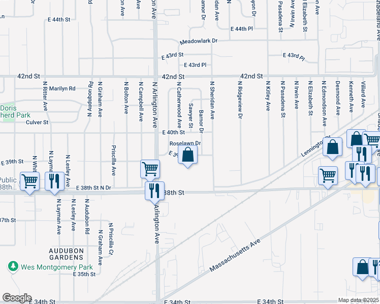 map of restaurants, bars, coffee shops, grocery stores, and more near 6108 East 39th Street in Indianapolis