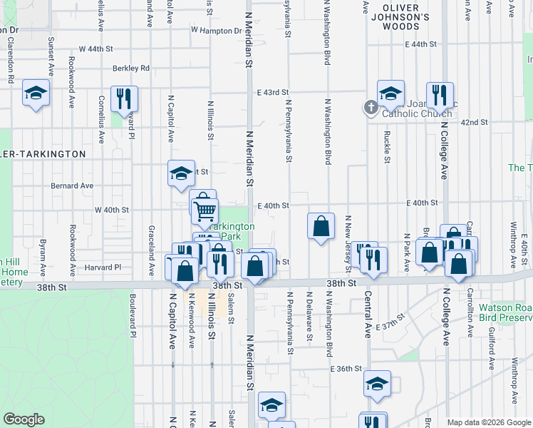 map of restaurants, bars, coffee shops, grocery stores, and more near in Indianapolis