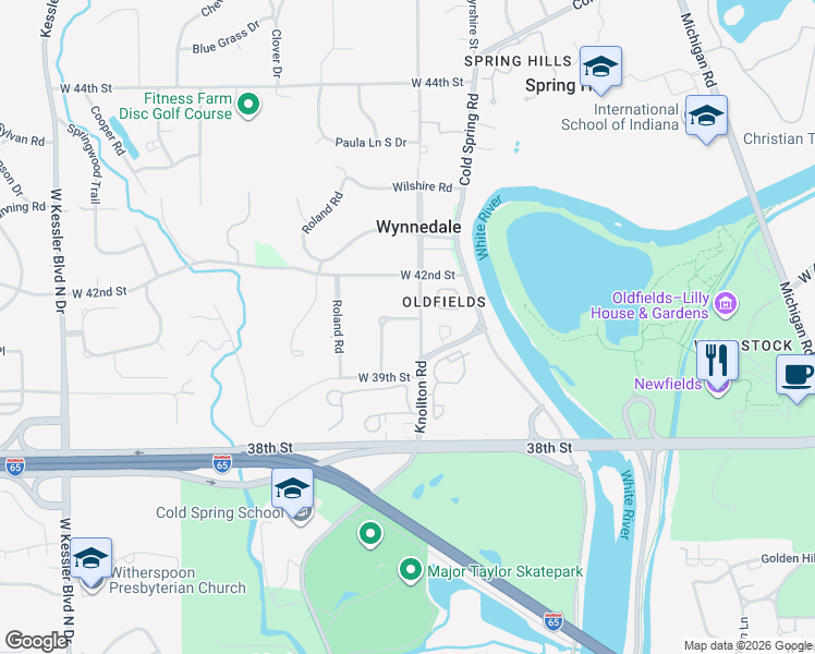 map of restaurants, bars, coffee shops, grocery stores, and more near 4040 Knollton Road in Indianapolis