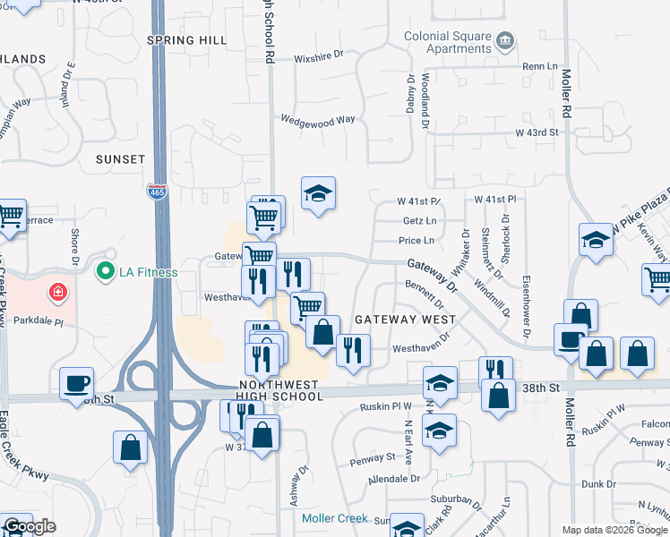 map of restaurants, bars, coffee shops, grocery stores, and more near 4071 Gateway Court in Indianapolis