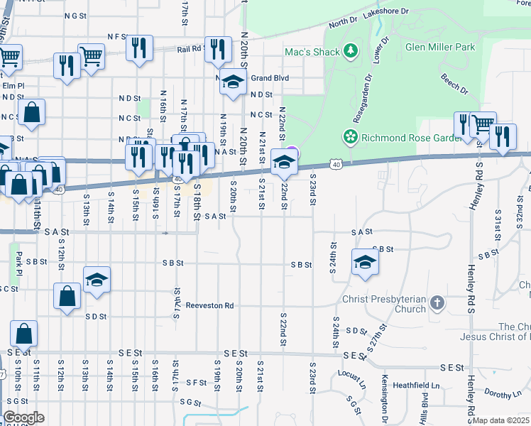 map of restaurants, bars, coffee shops, grocery stores, and more near 57 South 21st Street in Richmond