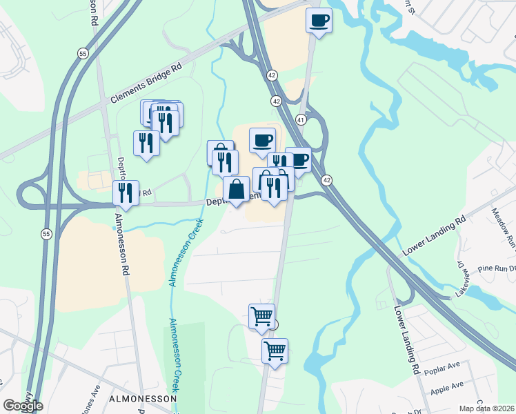 map of restaurants, bars, coffee shops, grocery stores, and more near 1901 Deptford Center Road in Deptford