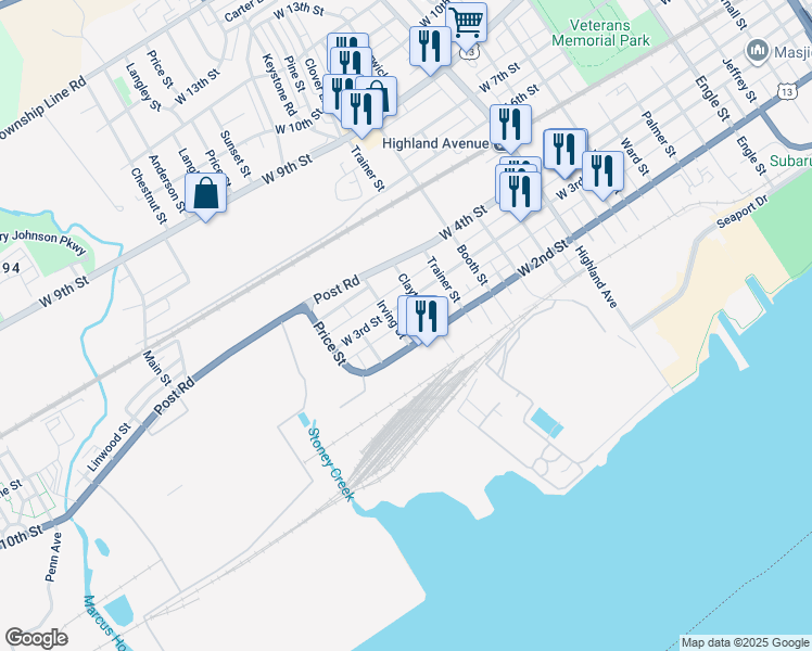 map of restaurants, bars, coffee shops, grocery stores, and more near 219 Irving Street in Trainer
