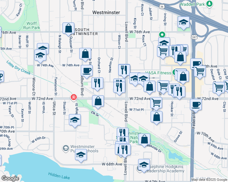 map of restaurants, bars, coffee shops, grocery stores, and more near 7233 Meade Street in Westminster