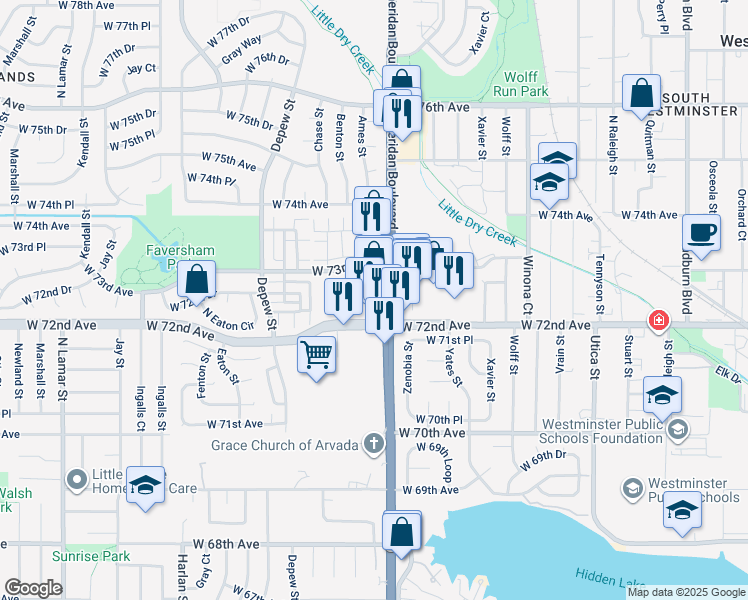 map of restaurants, bars, coffee shops, grocery stores, and more near 7211 Sheridan Boulevard in Westminster