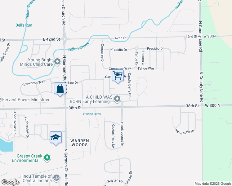 map of restaurants, bars, coffee shops, grocery stores, and more near 11338 Smoothbark Drive in Indianapolis