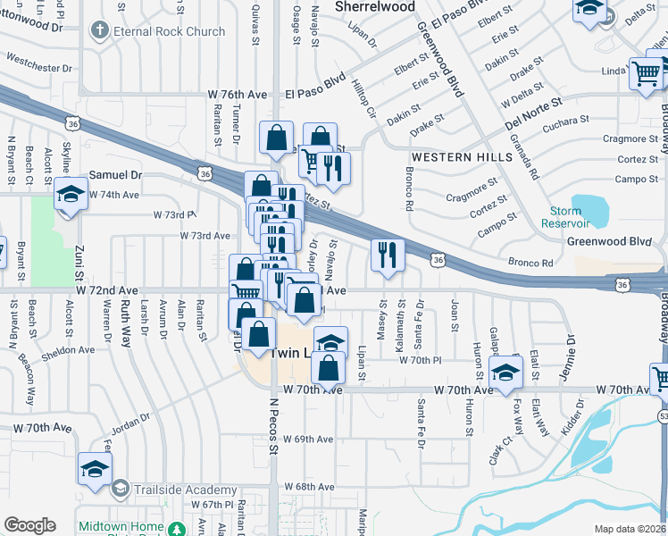 map of restaurants, bars, coffee shops, grocery stores, and more near 7225 Mariposa Street in Denver