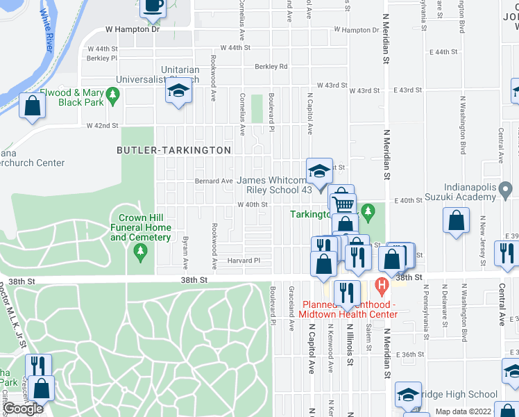 map of restaurants, bars, coffee shops, grocery stores, and more near 323 West 40th Street in Indianapolis