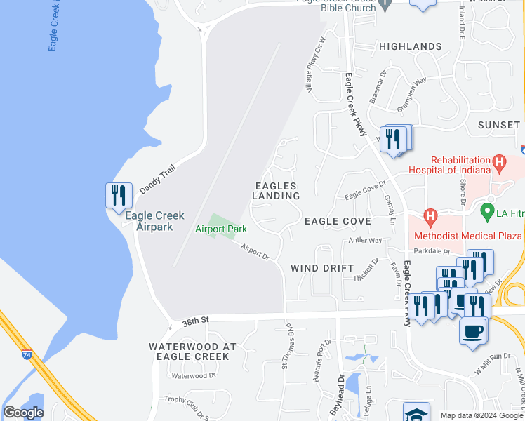 map of restaurants, bars, coffee shops, grocery stores, and more near 7431 Buttonbush Court in Indianapolis