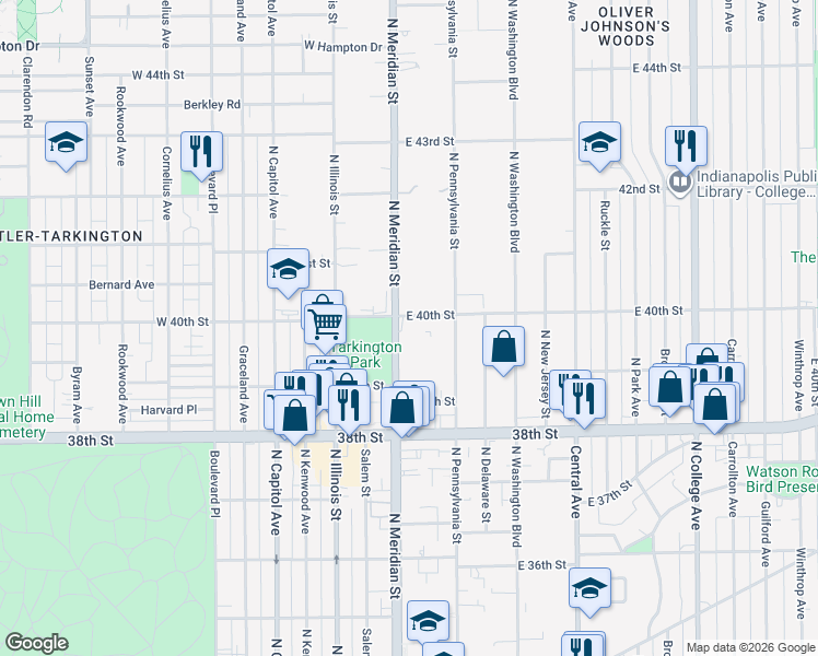 map of restaurants, bars, coffee shops, grocery stores, and more near 3965 North Meridian Street in Indianapolis