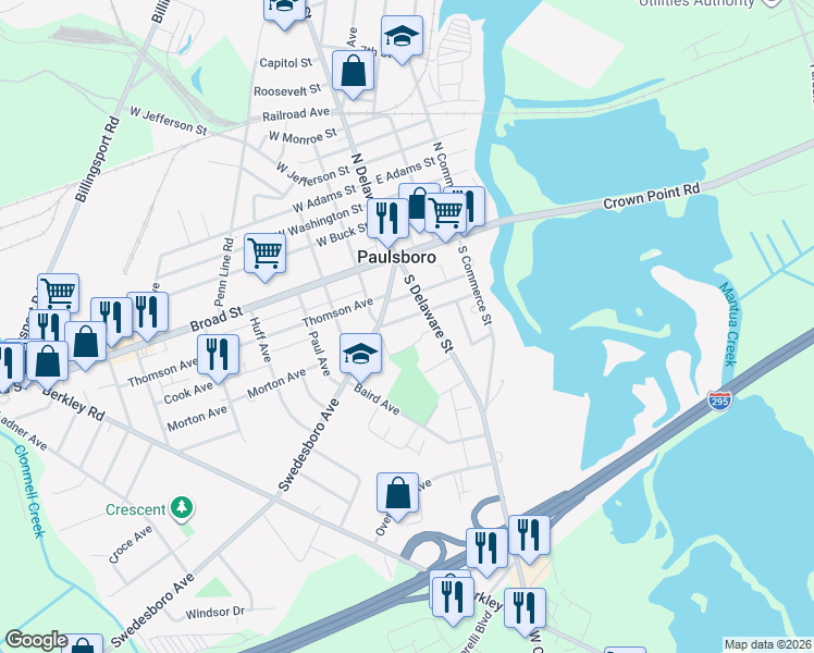 map of restaurants, bars, coffee shops, grocery stores, and more near 22 W New St in Paulsboro