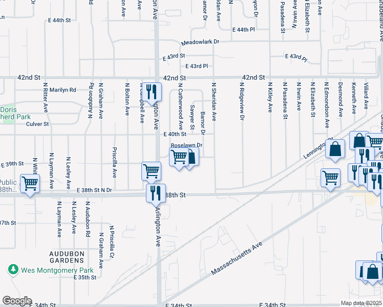 map of restaurants, bars, coffee shops, grocery stores, and more near 6108 East 39th Street in Indianapolis