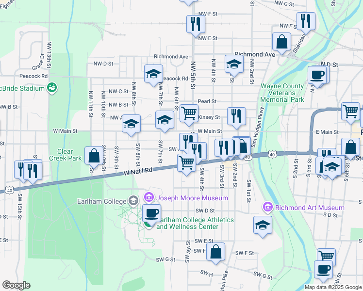 map of restaurants, bars, coffee shops, grocery stores, and more near 524 Southwest A Street in Richmond