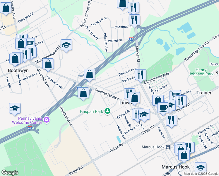 map of restaurants, bars, coffee shops, grocery stores, and more near 615 Taylor Avenue in Linwood