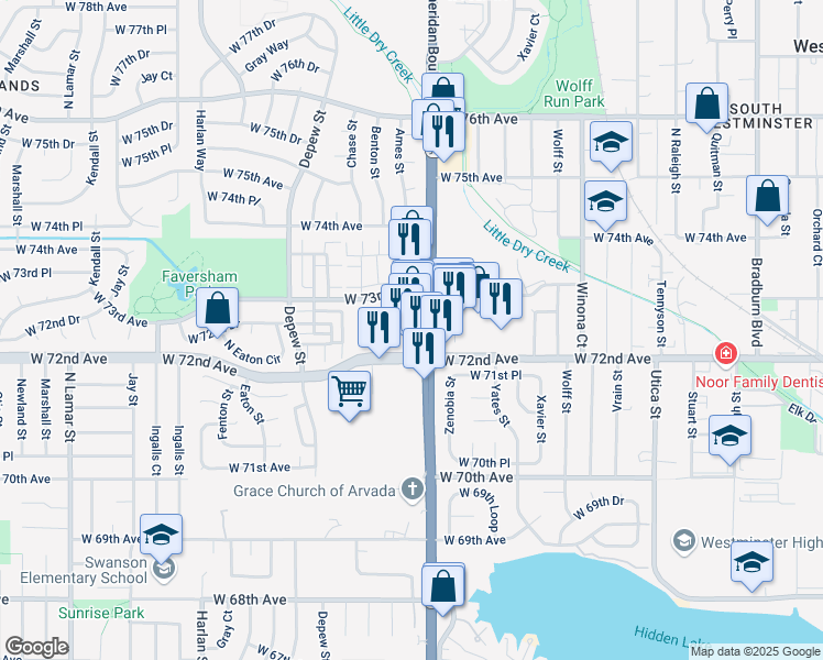 map of restaurants, bars, coffee shops, grocery stores, and more near 7211 Sheridan Boulevard in Westminster