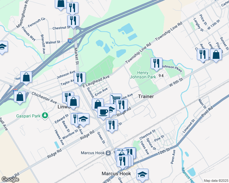 map of restaurants, bars, coffee shops, grocery stores, and more near 1517 Yates Avenue in Linwood