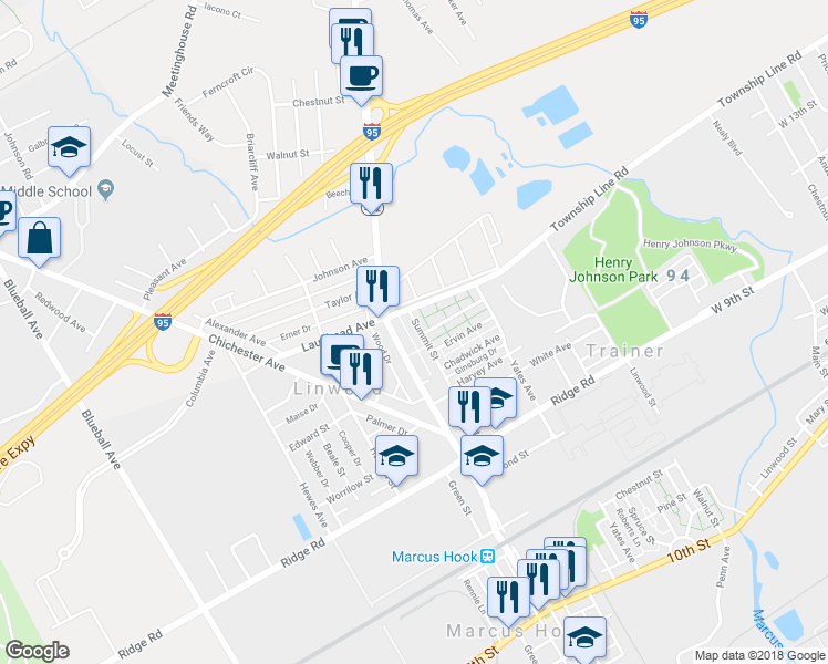 map of restaurants, bars, coffee shops, grocery stores, and more near 1574 Summit Street in Marcus Hook