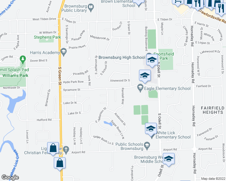 map of restaurants, bars, coffee shops, grocery stores, and more near 2 Daniel Circle in Brownsburg