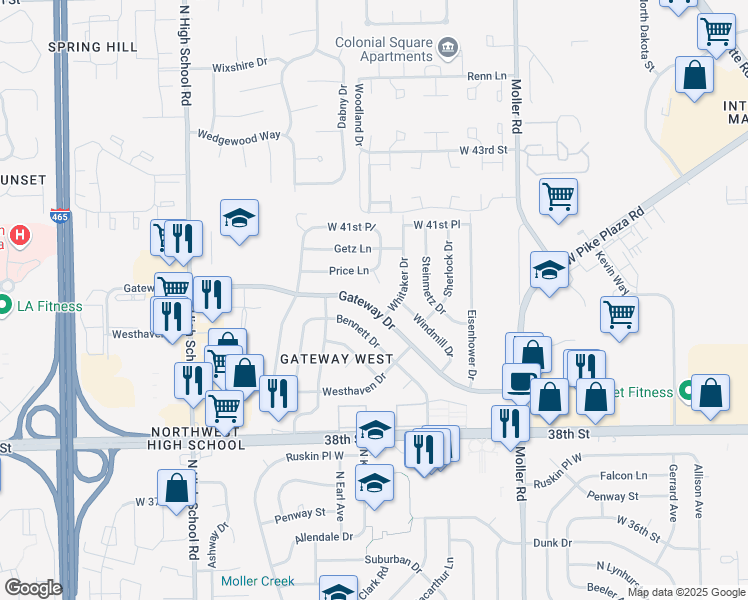 map of restaurants, bars, coffee shops, grocery stores, and more near 5836 Gateway Drive in Indianapolis