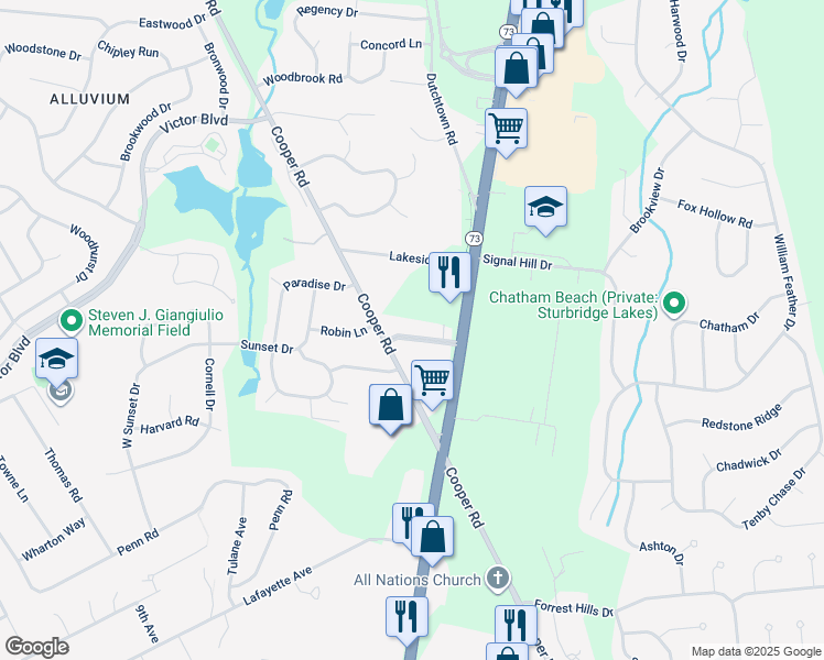 map of restaurants, bars, coffee shops, grocery stores, and more near 8 Lakevilla Drive in Voorhees Township