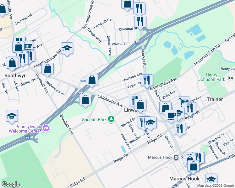 map of restaurants, bars, coffee shops, grocery stores, and more near 603 Taylor Avenue in Linwood